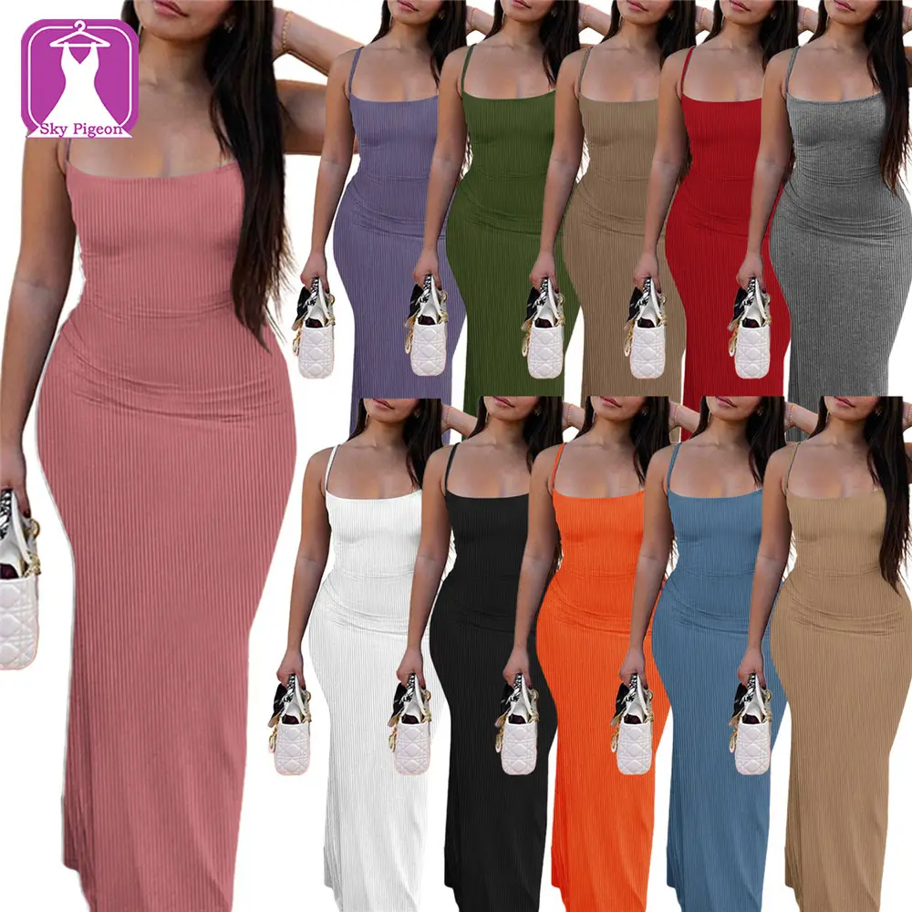 2023 Summer Suspender Bodycon Hip Multi-Color Low-Cut Sexy maxi Long Dress Women club Sexy Twill Evening Strap Dress