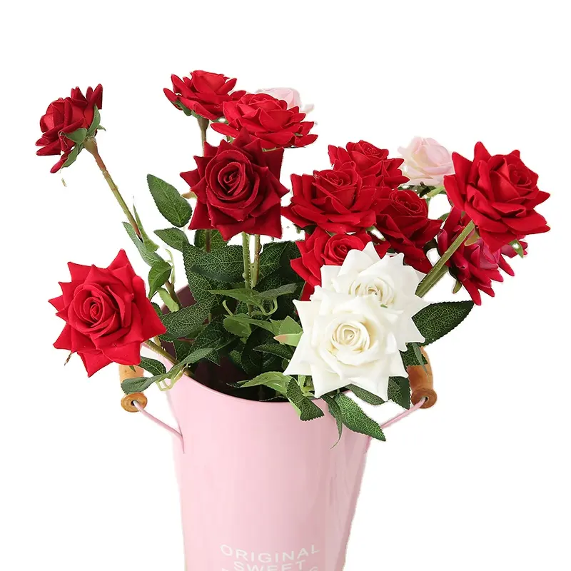 1 Artificial rosa flanela linda flor dia dos namorados presente buquê peça central flor arranjo rosa flor