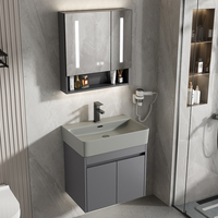 Cermin LED Pintar Modern untuk Dinding Kamar Mandi dengan Kabinet, Finishing Lacquer, Wastafel Keramik Terintegrasi, Konstruksi Aluminium