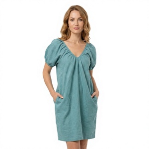 Vestido Casual de Lino y Algodón para Mujer, Largo hasta la Rodilla, Cuello en V, Manga Abullonada, Corte Holgado con Bolsillos, Transpirable, para Verano - Product Image 1