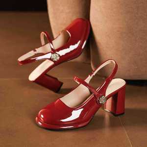 Zapatos Mary Jane de charol con punta cuadrada y tacón de bloque, zapatos de tacón alto de moda. - Product Image 2
