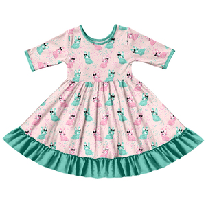 Robe en soie de lait pour filles, manches 3/4, ourlet à volants, imprimé intégral, robe pour tout-petits, vêtements pour enfants personnalisés OEM ODM - Product Image 2