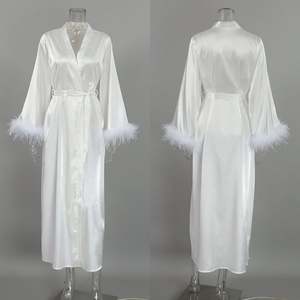Sfy-y5065 2024 New Silk Feather Long Robe <b>Sexy</b> Fur Long Sleeve Kimono Robe Satin Women's Pajama <b>Erotic</b> Bridal Dressing Gown - Product Image 4