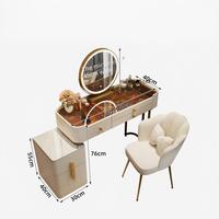 Coiffeuse de luxe moderne avec plateau en verre, armoire latérale rétractable, miroir LED 3 couleurs et cadre en bois massif pour chambre à coucher
