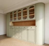 Système de meubles de cuisine modulaire avec armoires de présentation en verre cannelé cintré et station à café intégrée, meubles de rangement haut de gamme