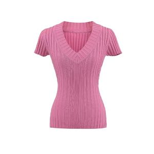 Camiseta de Punto de Manga Corta con Cuello en V para Mujer, Corte Ajustado, Estilo Sexy y Versátil - Product Image 2