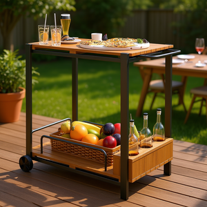 Carrito de Bar de Madera de Acacia para Exteriores de 2 Niveles con Ruedas, Juego de Servicio de Bebidas y Café, 3 Porta Botellas de Teca - Product Image 2