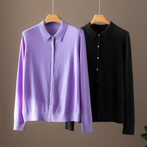 Cárdigan Ligero de Cachemira 100% Pura para Mujer, Personalizado, OEM, Color Sólido, Manga Larga, Cuello Polo, Top Básico de Cachemira para Primavera y Otoño - Product Image 4