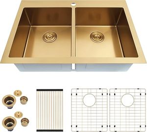 Thương mại <span class=keywords><strong>handmade</strong></span> 304 thép không gỉ bồn rửa nhà bếp với vàng đôi Bát vòi hình vuông đôi bát phong cách chìm - Product Image 4