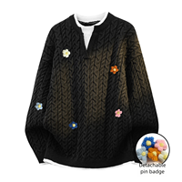 Pull Homme Faux Deux Pièces Confortable Style Rétro Décontracté Printemps-Automne avec Broche Fleur Amovible et Couleurs Contrastées