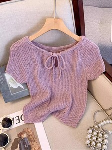 Suéter de punto acanalado con cuello redondo y estampado floral vintage para mujer, blusa informal de verano con manga corta abullonada - Product Image 5