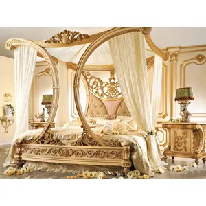 Quality Royal Classic Bedroom Furniture Set Antique Golden Solid Wood Carvings King Size Bed With Bed Side table