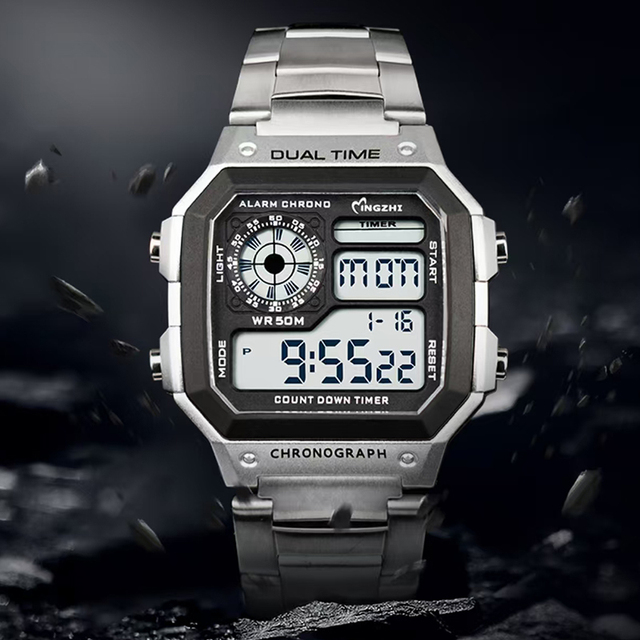 Men's Fashion Sports Digital Watch Waterproof Multi-Functional Chronograph Luminous Feature Rectangle Case Stainless Steel Band