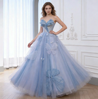 Robe de Quinceañera Bleu Ciel Enchantant en Tulle Brodé, Col Cœur avec Papillons Faits Main, Robe de Bal pour Soirées et Événements