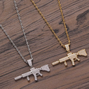Silenced Sniper Gun Pendant, Men's Hip Hop Layered Necklace, <b>Copper</b> CZ Charm <b>Chain</b> - Product Image 1