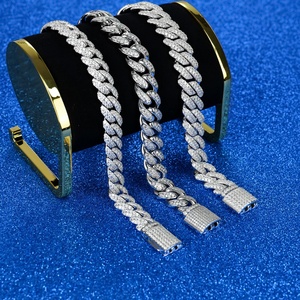 Bracelet cubain hip-hop 14 mm 12 mm 10 mm de largeur 2 rangées de pierres diamant VVS argent sterling moissanite chaîne cubaine - Product Image 5