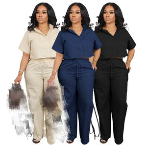 เซ็ตกางเกงสองชิ้นกางเกงขายาวเสื้อครอปคอวีแขนสั้นสำหรับผู้หญิงสำหรับฤดูใบไม้ร่วง - Product Image 2