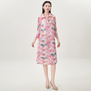 Vestido Midi Casual Elegante de Manga Larga con Cuello Camisero y Bloques de Color Rosa PY, Tejido Natural, Cintura Ajustada, para Mujer, Verano - Product Image 1