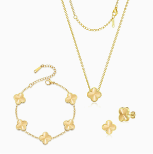 <span class=keywords><strong>Ensemble</strong></span> de bijoux en acier inoxydable : Bracelet trèfle à 5 feuilles, collier pendentif fleur à quatre feuilles de 13 mm et boucles d'oreilles - Product Image 1