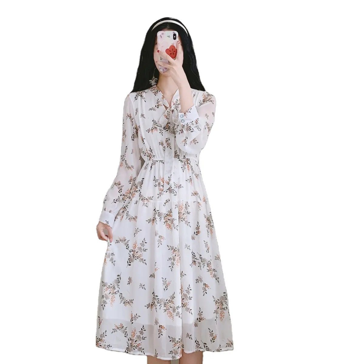 2022 New Boho Long Dresses Women Summer Dresses Floral Print Vintage Chiffon White Maxi Dress Front