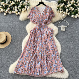 Cruz francesa cuello en V manga corta cintura volante floral mujeres verano vestidos elegantes - Product Image 5