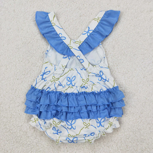 Conjunto de Verano Casual Ecológico para Bebé Niña: Pelele Azul con Estampado de Lazo y Pantalones Cortos con Volantes, Manga Corta, Ropa a Juego para Hermanas - Product Image 5