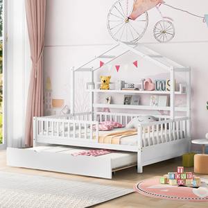 Letto a castello in legno a grandezza naturale con tetto, scaffale <span class=keywords><strong>e</strong></span> ruote estraibili, adatto per camerette di bambine o bambini - Product Image 1