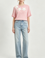 Haut à manches courtes pour femme, col rond, avec fleurs 3D appliquées, chemisier à volants aux poignets, tee-shirt décontracté, personnalisation OEM, vente en gros