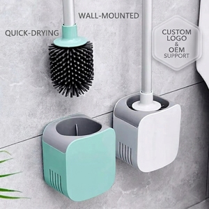 Support mural pour salle de bain, ensemble 2-en-1 en PP et TPR, <span class=keywords><strong>brosse</strong></span> de <span class=keywords><strong>toilette</strong></span> à long manche en plastique avec tête en <span class=keywords><strong>silicone</strong></span> courbée pour le nettoyage des cuvettes - Product Image 1