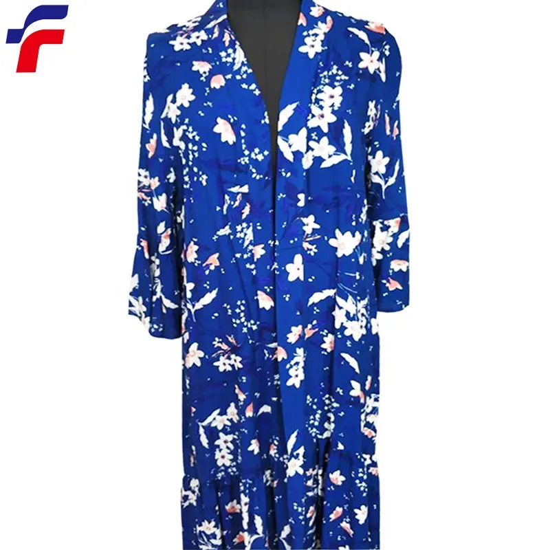 Fashion Blue Printed Rayon Dress with Front Opening 3/4 Sleeves