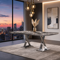 Table à manger rectangulaire moderne en marbre avec plateau en pierre et base métallique pour hôtel et restaurant - Vente en gros