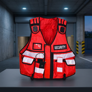 Gilet de sécurité rouge réfléchissant haute visibilité, vêtement de travail tactique réglable avec poches et fermeture éclair sur le devant - Product Image 1