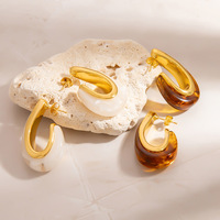 Pendientes en Forma de U de Resina Impermeable Color Ámbar, Chapados en Oro de 18K, Acero Inoxidable Antideslustre, Joyería de Moda para Mujer
