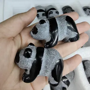 Wholesale Hot Sale Natural Black Obsidian Carved Cute Panda Statue Crystal Carving For Gifts