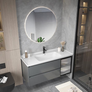 ตู้ห้องน้ำสีเทาโมเดิร์นพร้อมกระจก LED อ่างเซรามิกแบบชิ้นเดียวทรงสี่เหลี่ยมพร้อมแผ่นกันน้ำ - Product Image 1