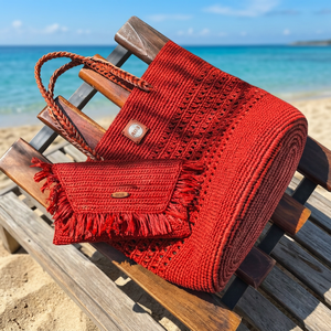 Sac fourre-tout pliable en paille tressée rouge fait main avec deux poignées et doublure en polyester à pompons, sac de plage et de voyage pour femme - Product Image 3
