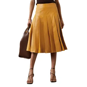 jupe mi-longue 2021 Custom latest style women skirts high waist lady faux leather pleated mid-length skirt