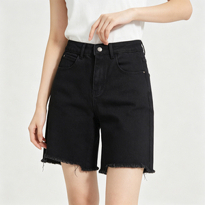 Shorts en jean noir pour femme Huanqiu, coupe droite, bords bruts, style streetwear, denim épais, décontracté, mode été - Product Image 1
