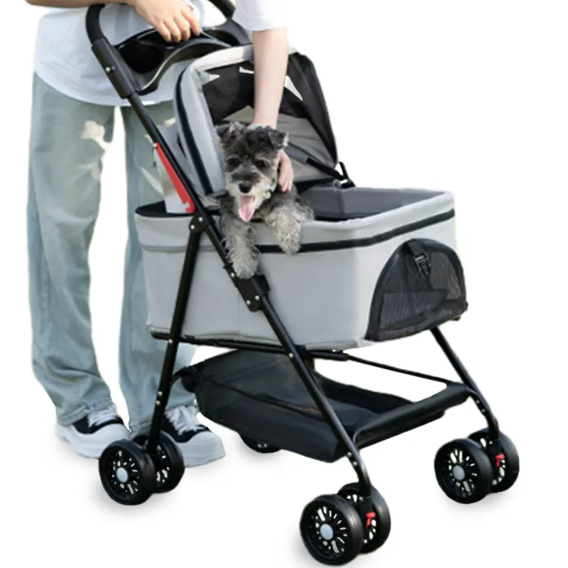 Einhand-einfach faltbarer Haustier-Kinderwagen abnehmbar für Katzen kleine Hunde mit Aufbewahrungstisch abnehmbarer Träger Luxus-Welpen-Reisewagen