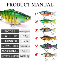 Leurres de pêche articulés multi-sections, leurres de simulation coulants 15,6g/10cm, leurres durs à 7 sections pour le bar