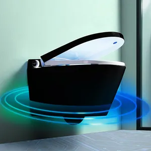 壁挂式p阱浴室坐浴盆，自动打开自动冲水智能wc套碗黑色墙挂式智能坐便器坦克