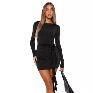 Robe courte moulante pour femme, style européen, nouvelle collection, couleur unie, manches longues, col rond, avec patchwork de rubans roses, pour soirée et club - Product Image 3