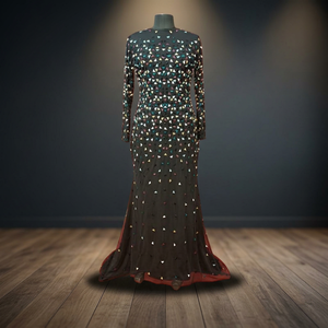 Robe de mariée longue pour femme, style A-line, ornée de perles, manches longues, col rond, traîne chapelle, appliques en dentelle, idéale pour les soirées élégantes - Product Image 2