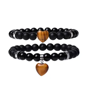 Tiger Eye Energy 2Pcs Natural 8MM Gemstone Mood Set Bracelets for Women Girls Men Valentine's Day Gift Jewelry
