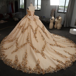 Hmy20 Exquisito Vestido de Noche de Gala Color Champán con Lentejuelas Doradas Pesadas, Apliques Florales 3D y Cola Catedral Jancemebr - Product Image 5