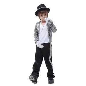 Kids Boys Sequin Silver 80s Costume Michael Cosplay Hip Hop Stage Outfits with Matched Hat Gloves