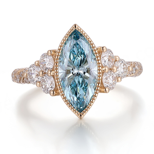 แหวนเพชรทรงมาร์คีส์สีน้ำเงิน 3 กะรัต เพชรเลี้ยงในห้องปฏิบัติการ ทองคำ 18K 14K 10K สีเหลือง แหวนหรูหรา แหวนทองคำแท้ แหวนหมั้นสำหรับผู้หญิง - Product Image 3