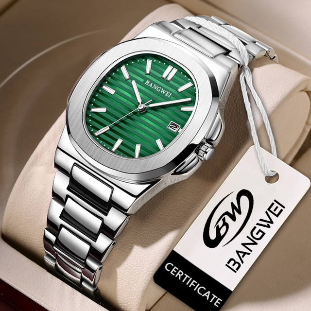 LIGE BW8803 Sample Luxury Fashion Green Square Men Quartz Watch Sport Waterproof Luminous Date Stainless Steel Watch for Men+box