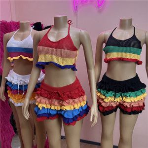 Summer New Colorful Striped <b>Knit</b> Two Piece <b>Sets</b> Women Spaetti Strap Crop Top + Ruffle Sorts Outfits - Product Image 3