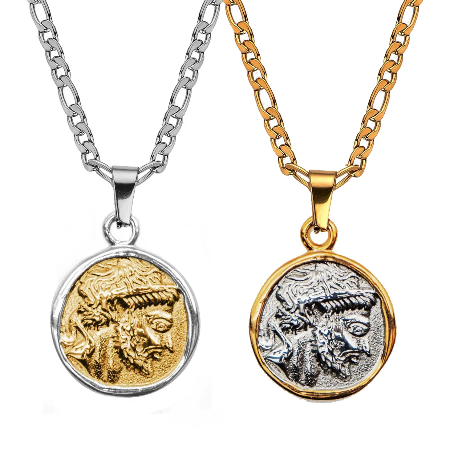 Handcrafted Mythology Greek God Roman Men Necklace London Hot Two Tone Zeus Coin Necklace Stainless Steel Waterproof Jewelry